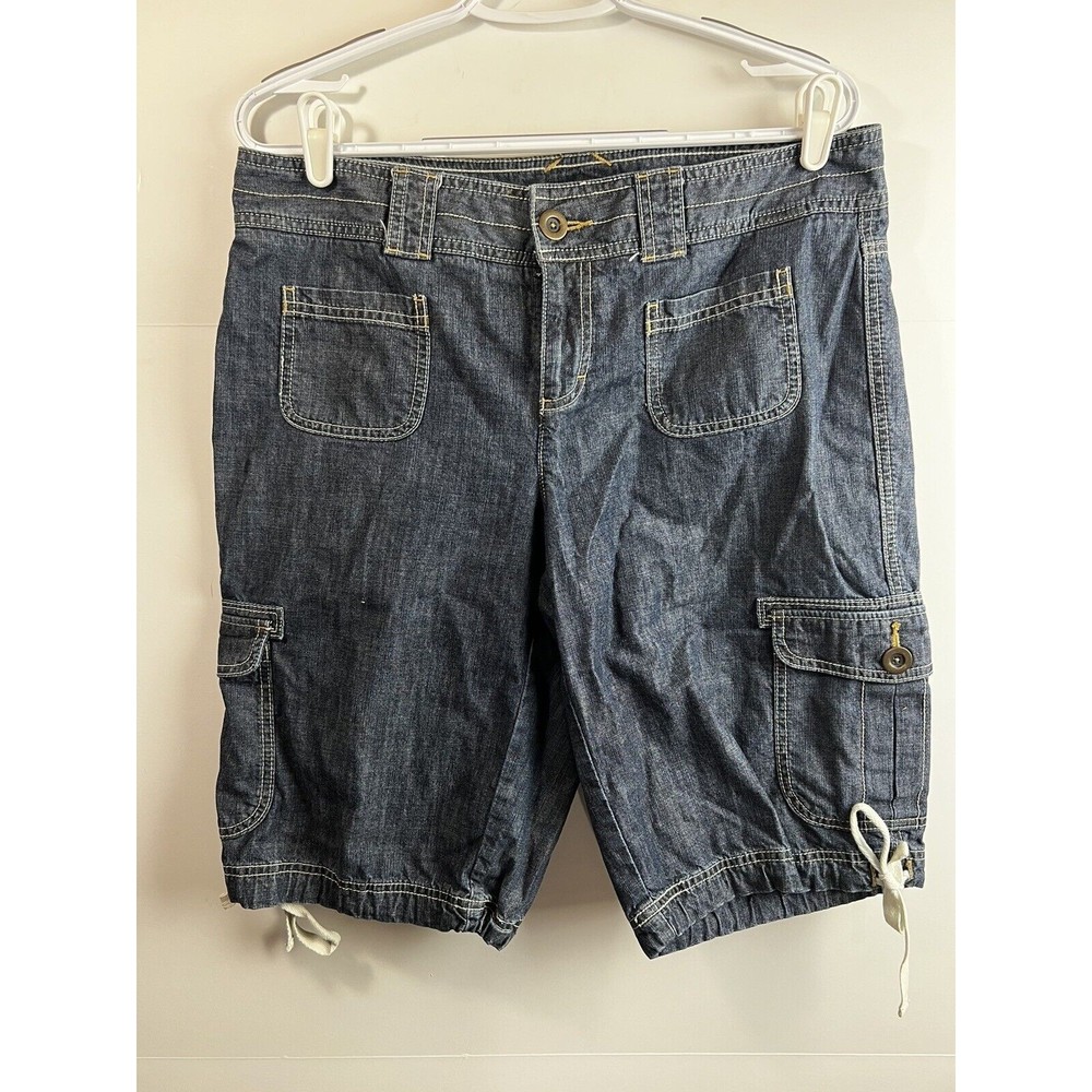 Tommy Hilfiger Womens Denim Cargo Shorts Size 12 Blue Bermuda Drawstring Sides
